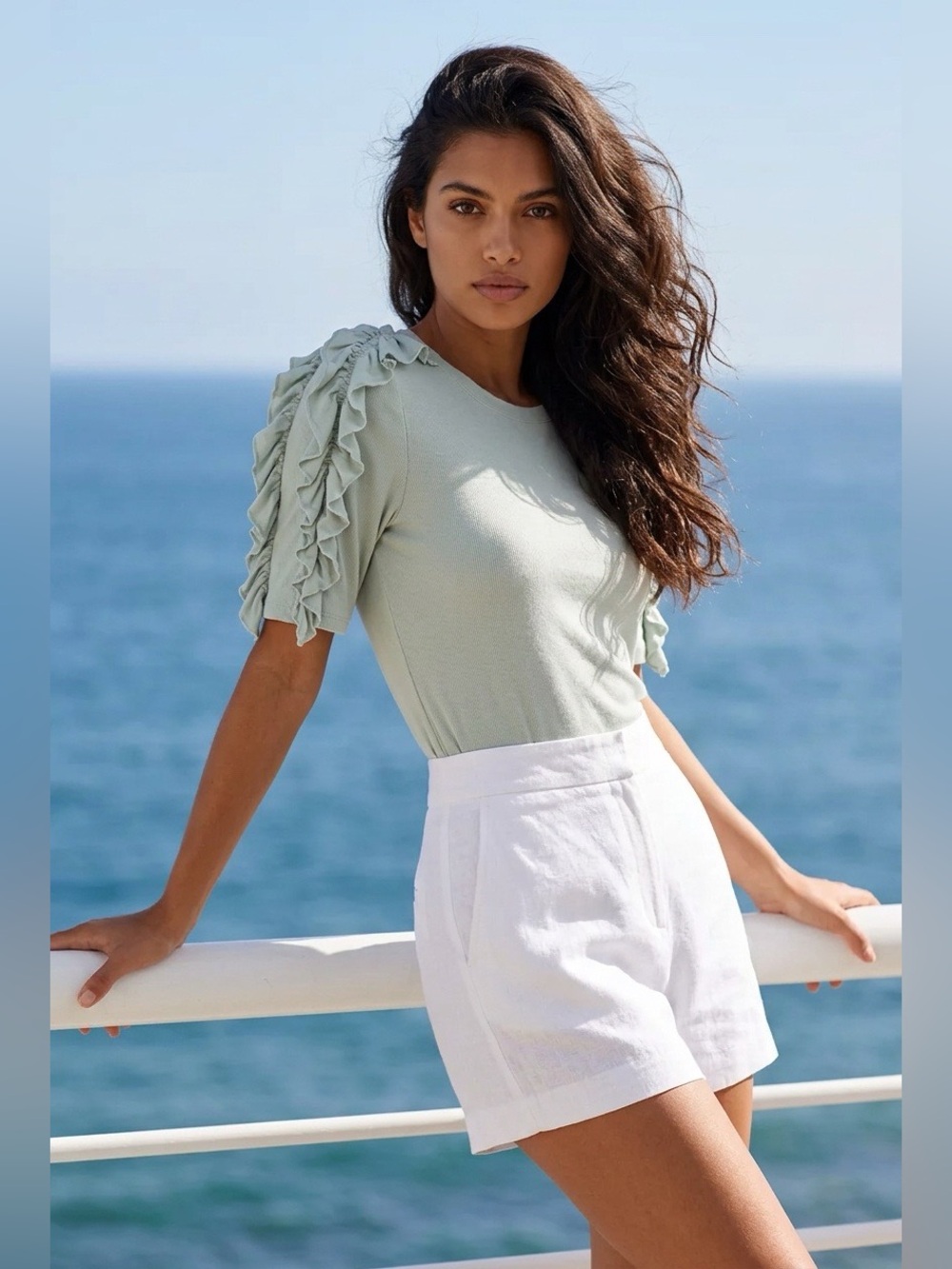 Rebecca Taylor Mint Green Ruffle Sleeve Short Sleeve Tee